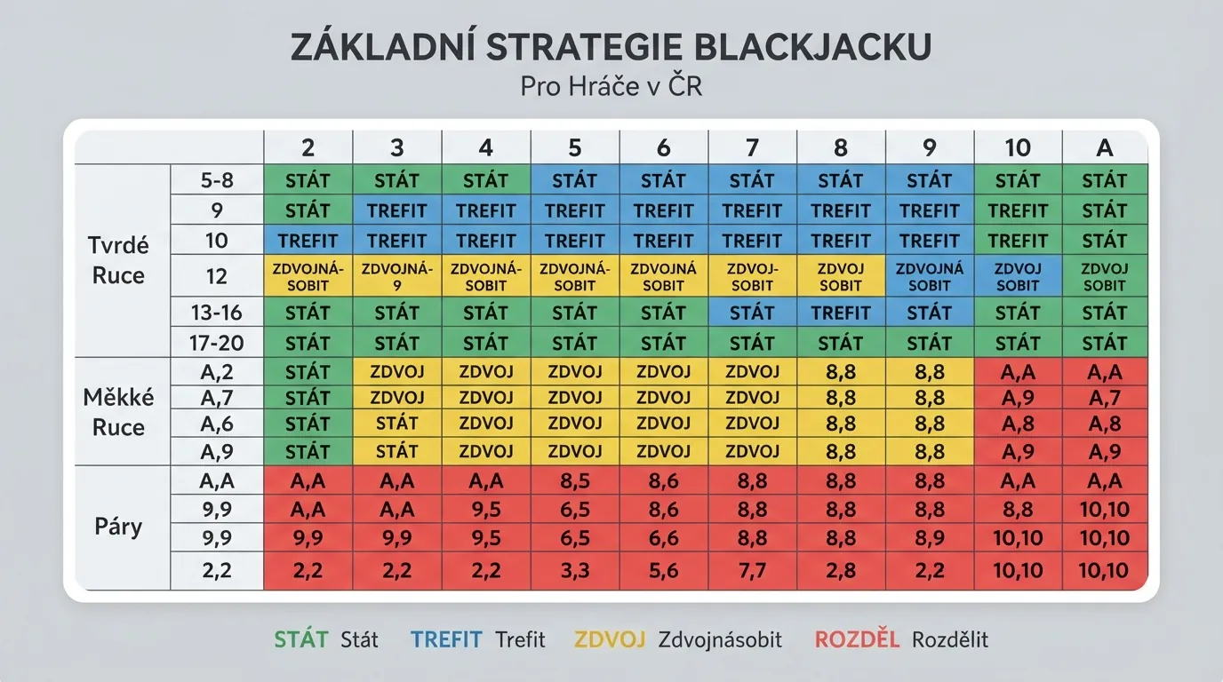 Barevně odlišená tabulka základní strategie blackjacku — řádky podle hodnoty ruky hráče, sloupce podle dealerovy karty, každá buňka ukazuje správné rozhodnutí.
