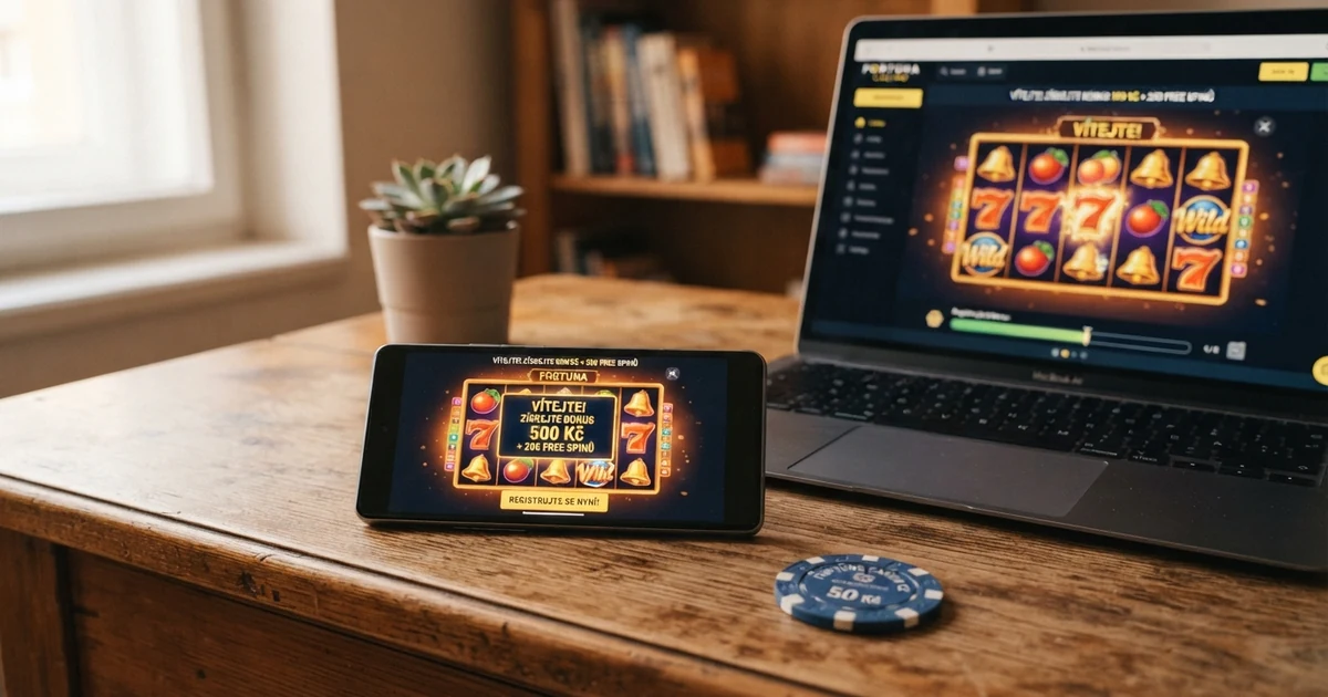 Online casino bonus za založení účtu zobrazený na obrazovce notebooku a vedle něj mobilního telefonu — typická uvítací nabídka s volnými zatočeními