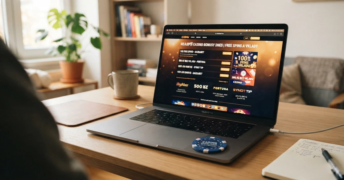 Obrazovka počítače s přehledem denních casino bonusů a free spinů, v českém jazyce, s viditelnými logy licencovaných operátorů