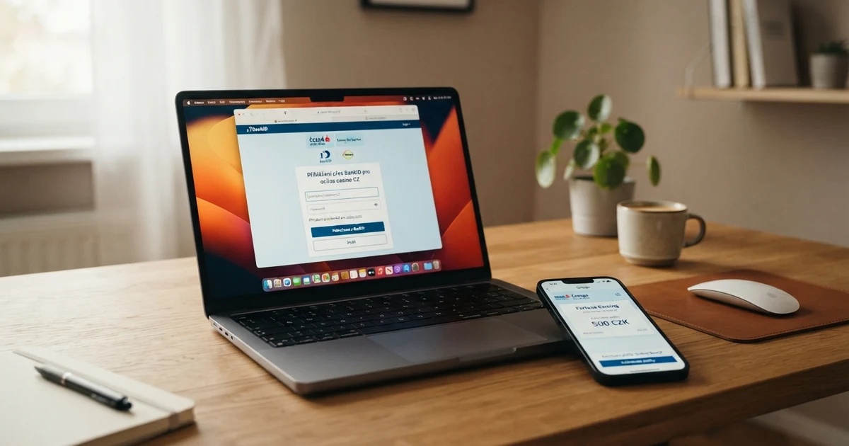 BankID přihlašovací obrazovka na monitoru notebooku vedle mobilního telefonu s otevřenou bankovní aplikací
