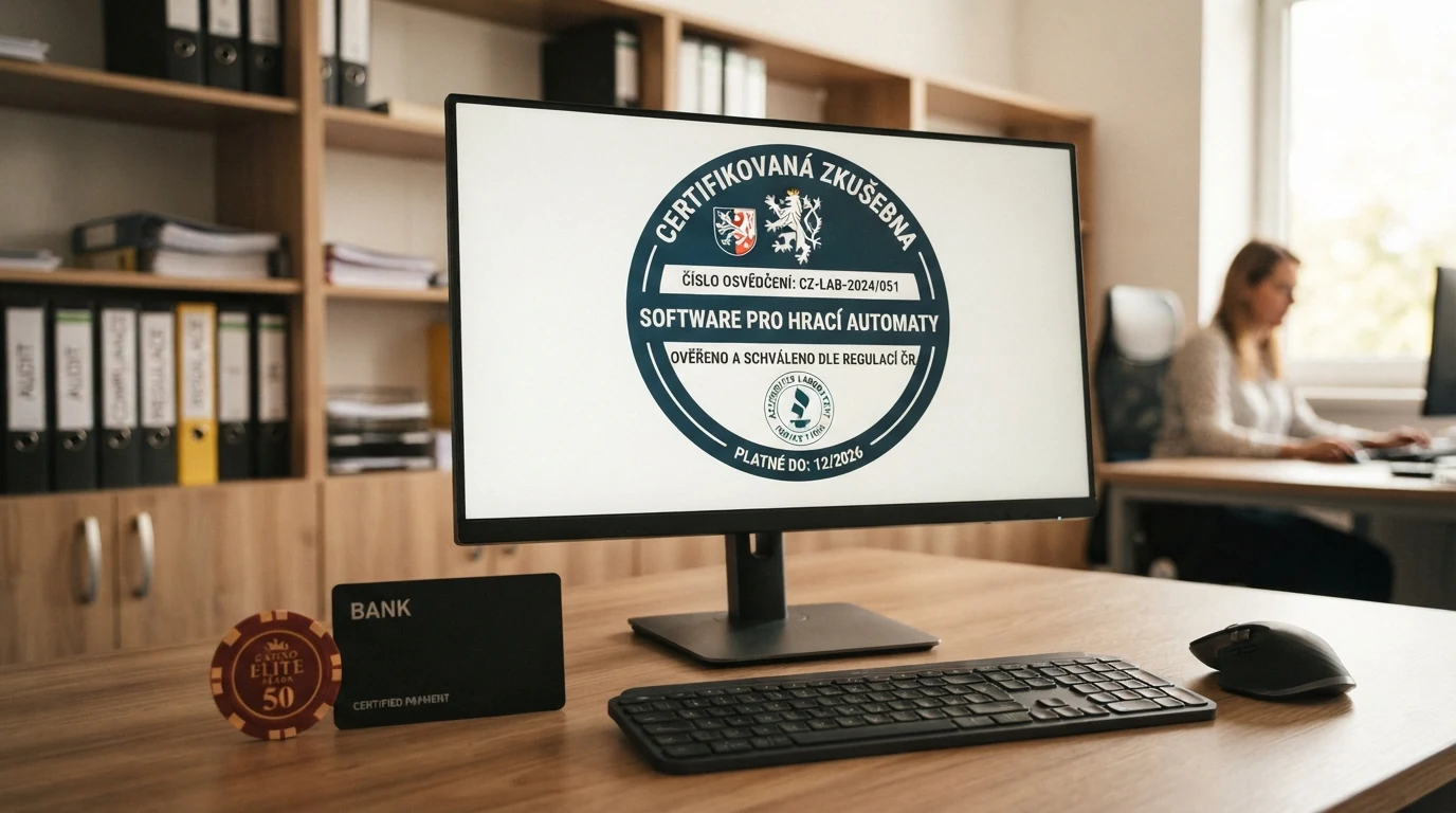 Certifikační pečeť nezávislé testovací laboratoře na herním automatu