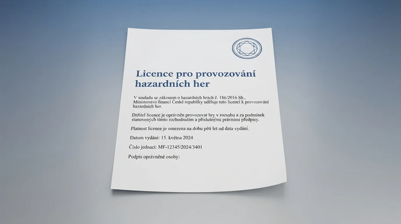 Dokument s úřední pečetí symbolizující českou licenci Ministerstva financí pro provozování hazardních her