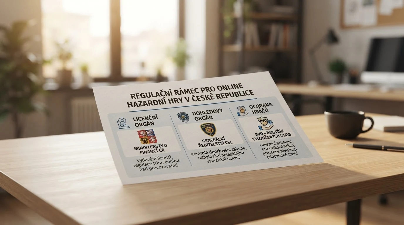 Infografika regulačního rámce — MF ČR jako licenční autorita, Celní správa jako dohledový orgán a RVO jako ochranný registr