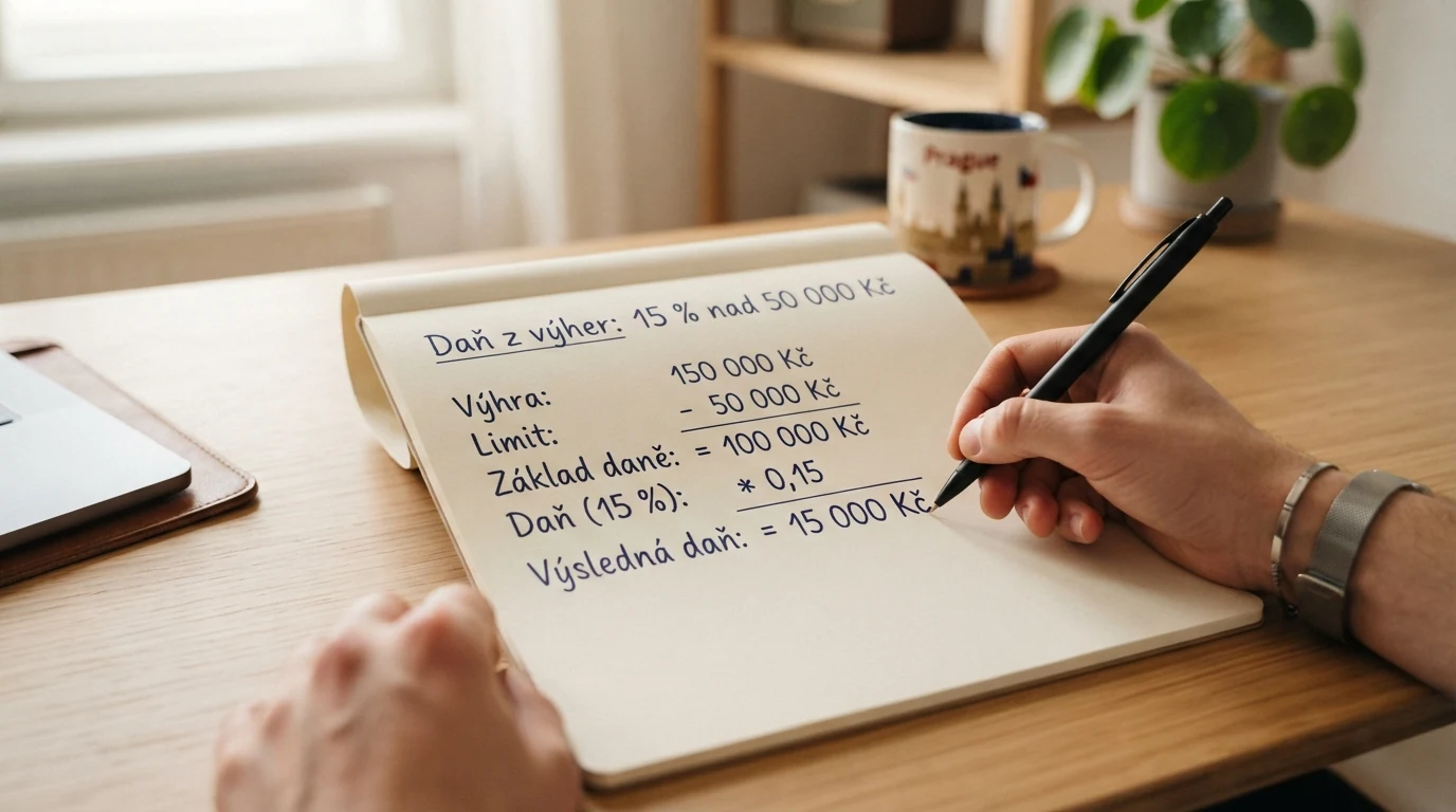 Kalkulačka nebo daňový formulář znázorňující výpočet daně z výher nad 50 000 Kč