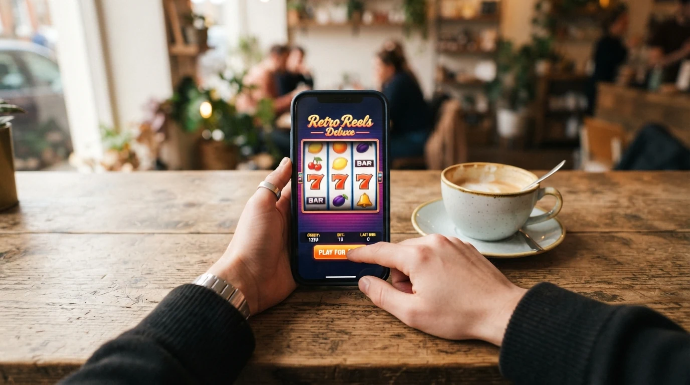 Rozhraní demo režimu starého automatu s virtuálním kreditem a tlačítkem „hrát zdarma“