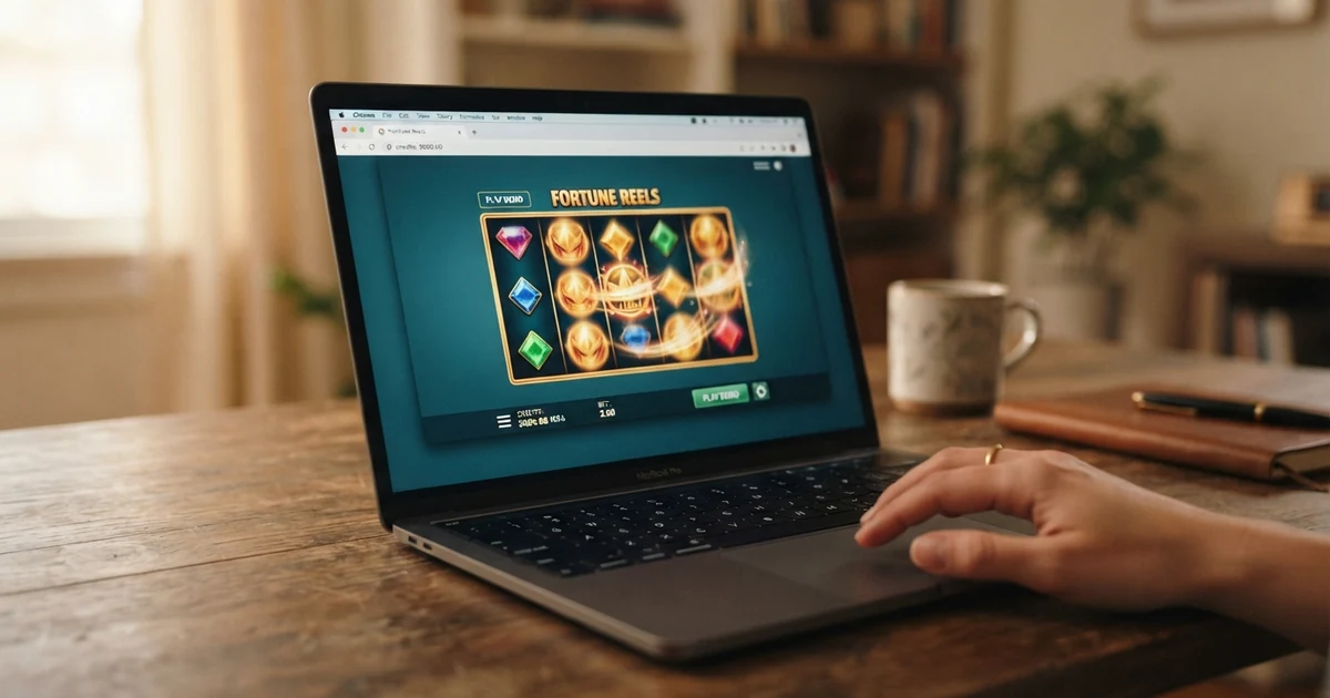 Obrazovka prohlížeče s rozběhnutým demo automatem, v pozadí logo licencovaného českého kasina, žádné stahování — hra běží přímo v okně prohlížeče