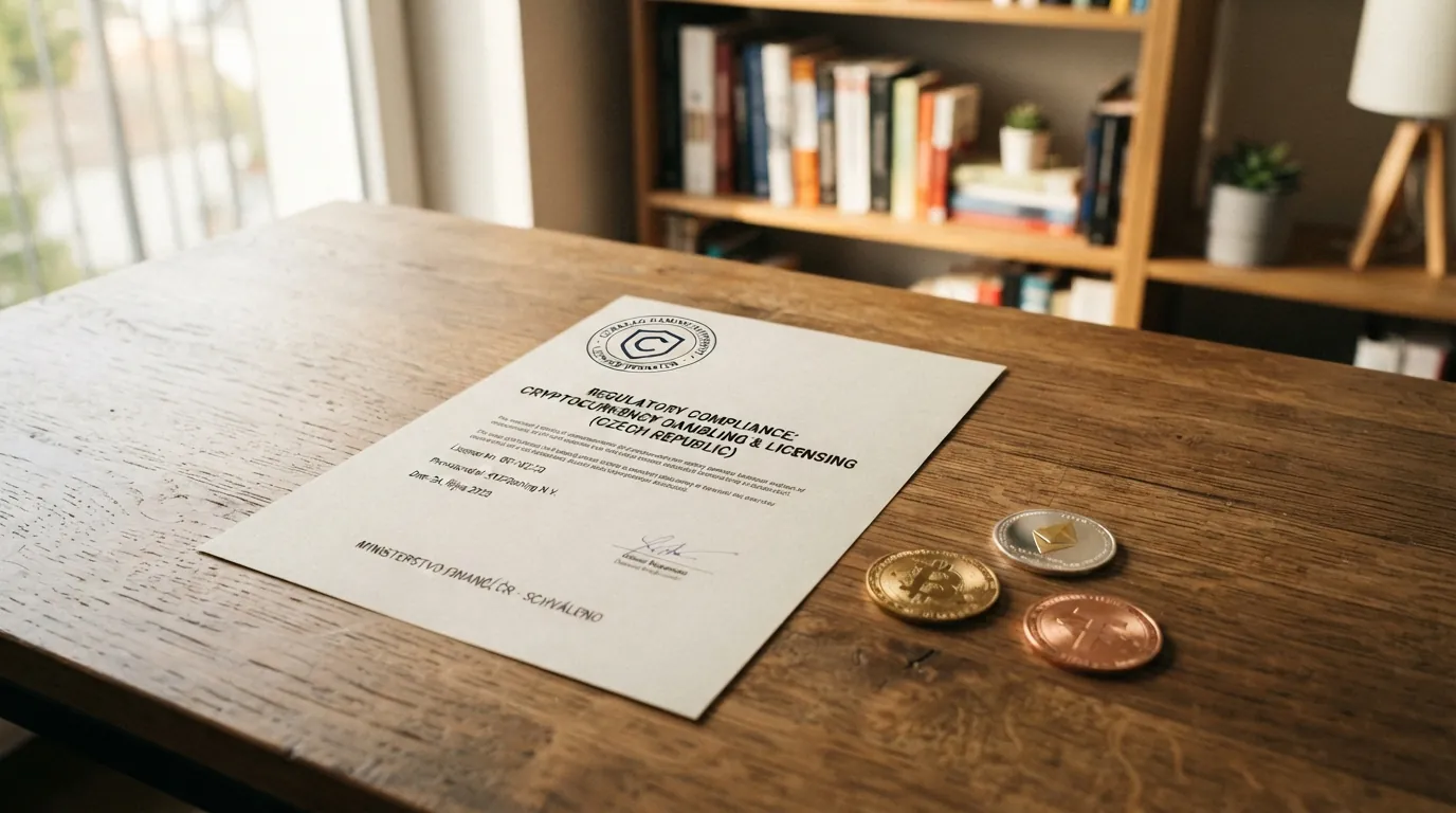 Úřední dokument s razítkem a pečetí vedle symbolů kryptoměn — Bitcoin, Ethereum a USDT — na tmavém pozadí