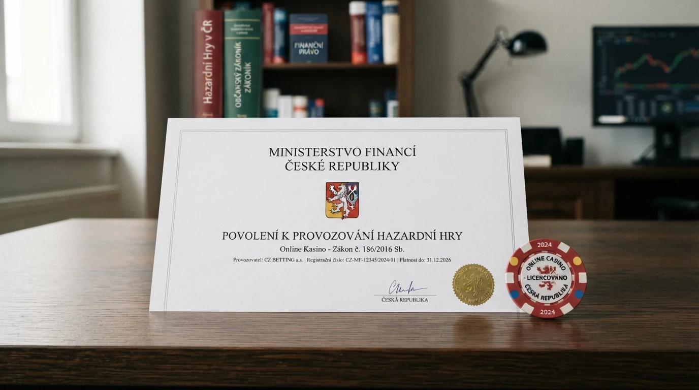 Pečeť nebo dokument odkazující na licenci Ministerstva financí ČR vedle loga online casina