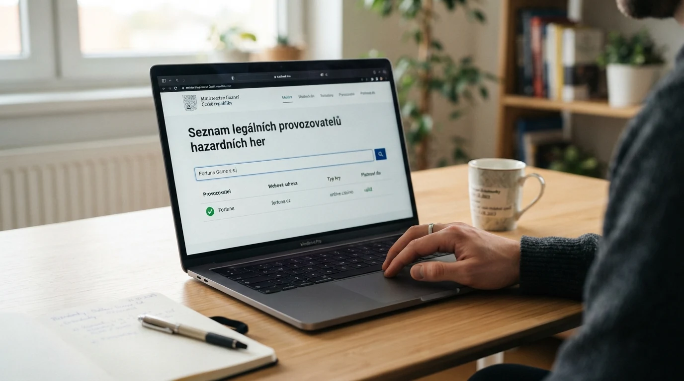 Výřez oficiálního Seznamu legálních provozovatelů MF ČR s logem ministerstva financí, vedle výstražný symbol na pozadí nepovoleného webu