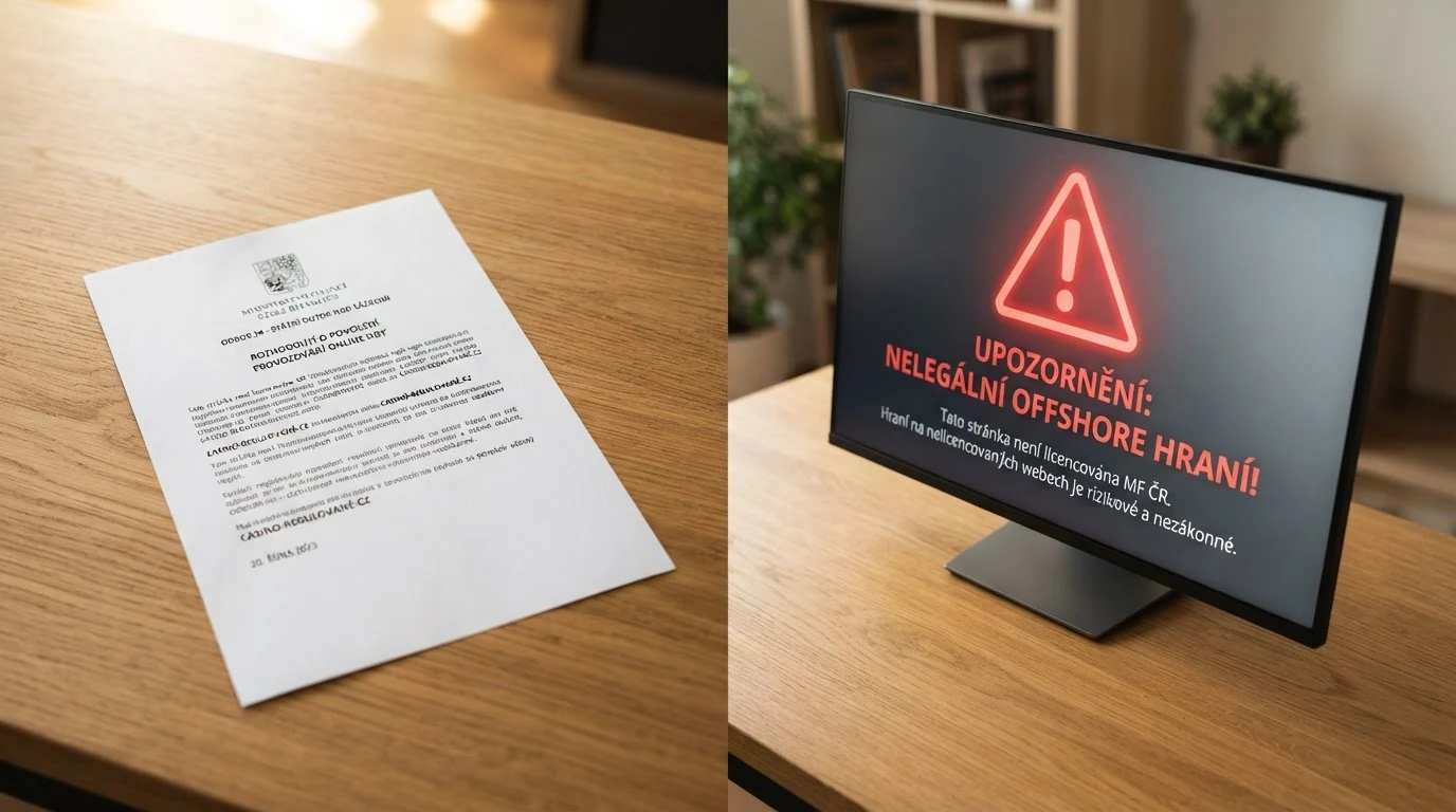 Dokument s razítkem Ministerstva financí ČR na jedné straně a monitor s výstražným znakem a nápisem „offshore“ na straně druhé