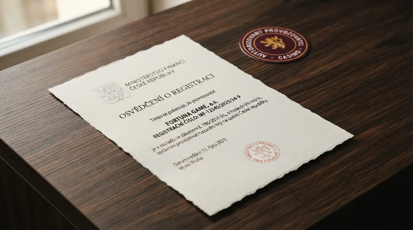 Detail úřední listiny s razítkem Ministerstva financí ČR, vedle logo licencovaného online casina