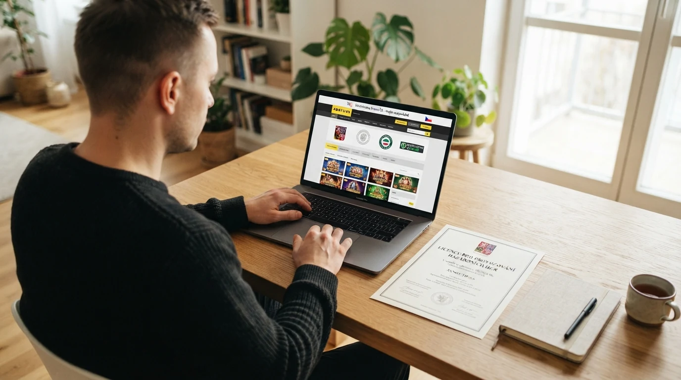 Oficiální dokument s pečetí Ministerstva financí ČR vedle displeje s webem online kasina