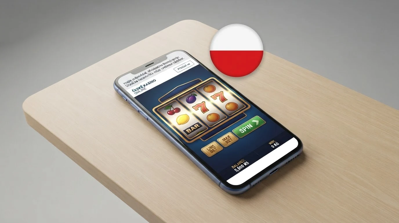 Mobilní telefon s otevřenou stránkou licencovaného online kasina, vedle něj logo MF ČR