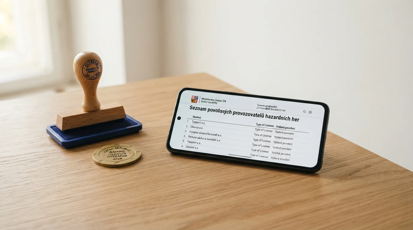Ověřovací razítko a symbol české licence MF ČR vedle displeje s webem kasina
