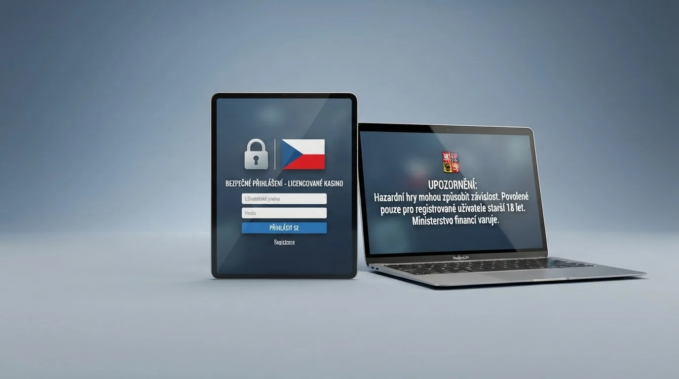 Ilustrace úřední listiny s razítkem Ministerstva financí ČR vedle obrazovky s varovným pruhem „nepovolené internetové hry“