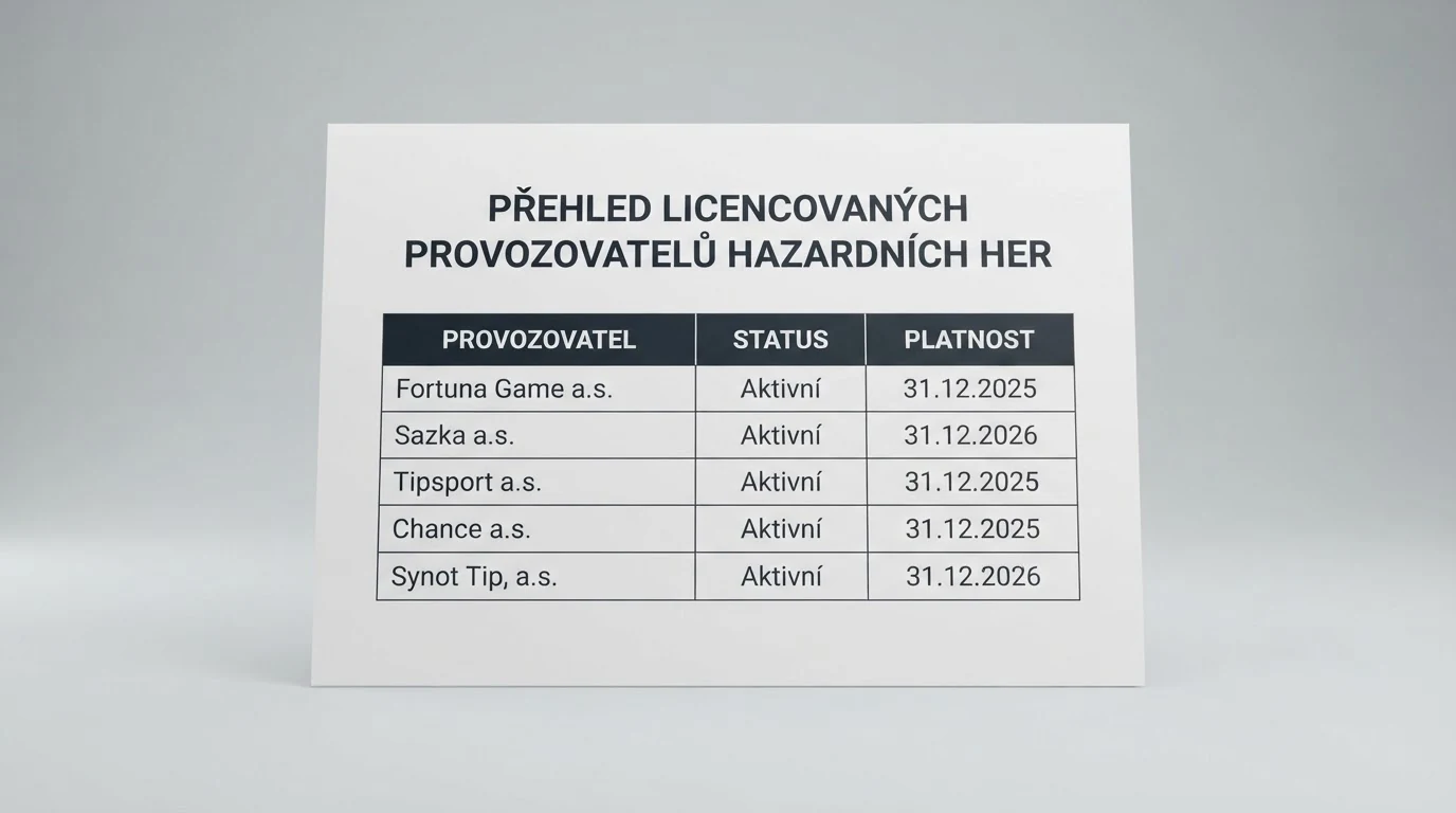 Ilustrace úředního dokumentu s logem Ministerstva financí ČR a seznamu legálních provozovatelů hazardních her