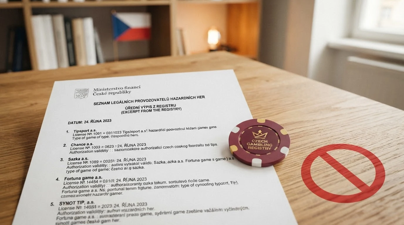 Úřední výpis ze Seznamu legálních provozovatelů MF ČR vedle varovného symbolu přeškrtnutého nelegálního webu