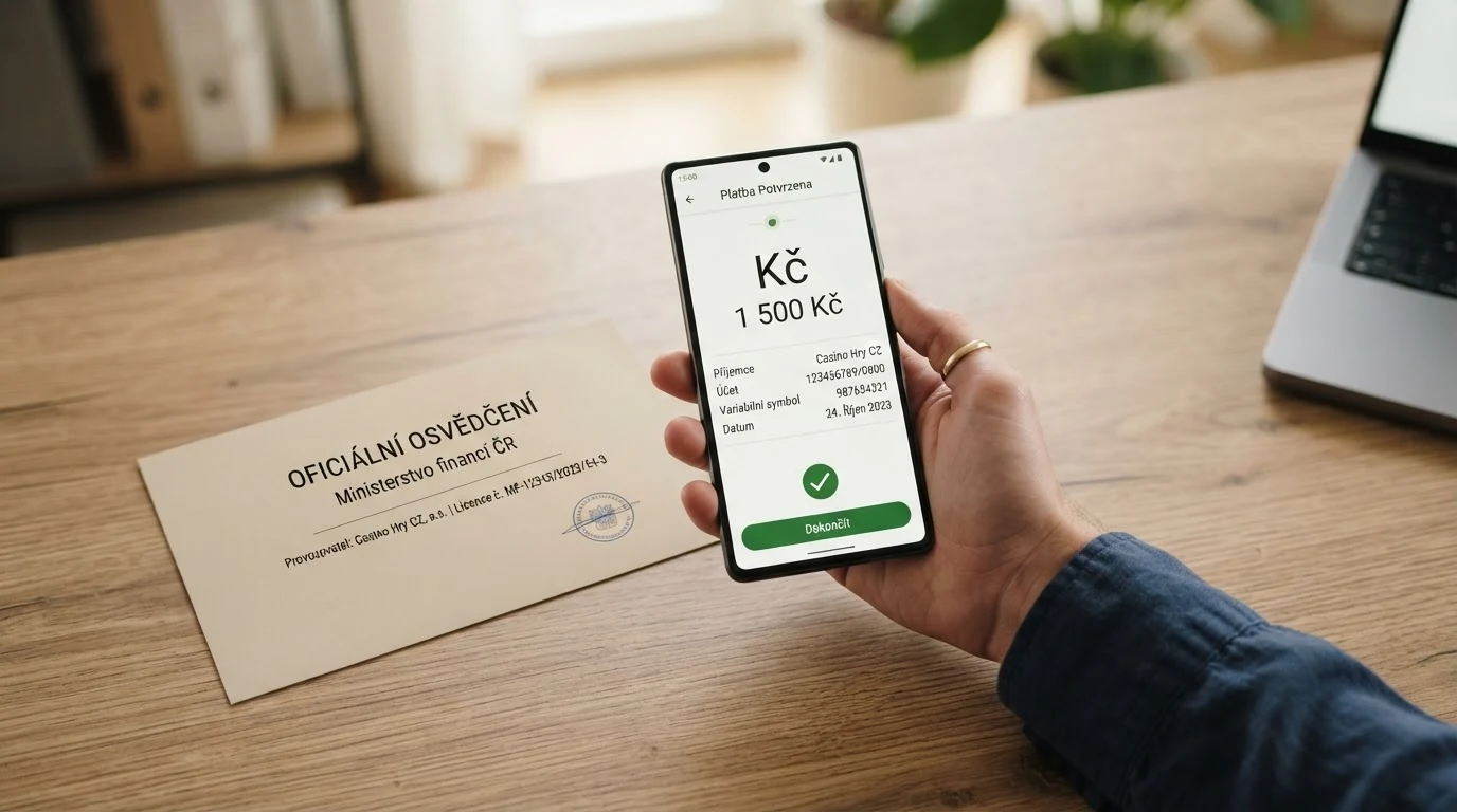 Dokument nebo úřední pečeť symbolizující licenci a ověření, v kombinaci s prvkem internetového bankovnictví