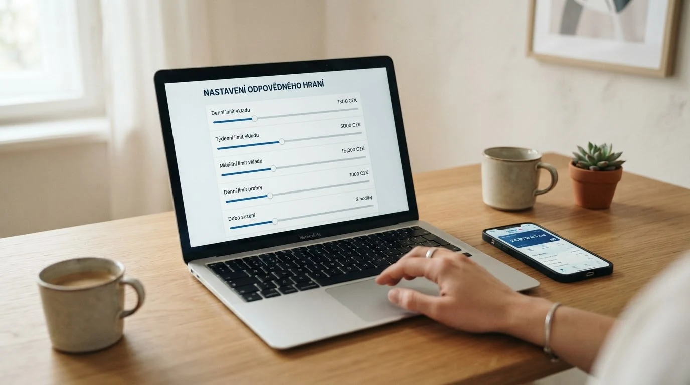 Rozhraní pro nastavení herních limitů v online casinu — posuvníky pro denní, týdenní a měsíční limity vkladů a ztrát
