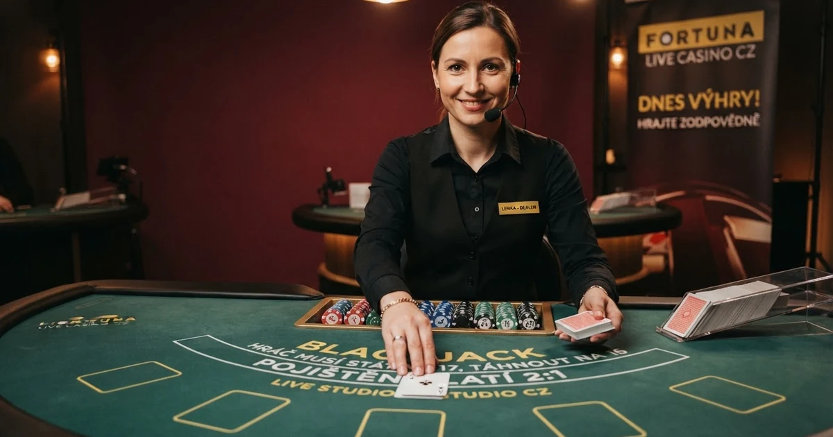 Živý krupiér v profesionálním studiu rozdává karty u blackjackového stolu — detailní pohled na stůl, karty a žetony.