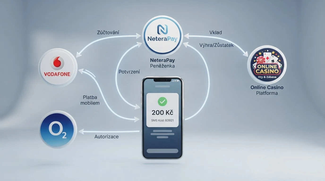 Schéma vztahů mezi mobilním telefonem, operátorem (Vodafone/O2), peněženkou NeteraPay a kasinem — s vyznačením vkladových a výběrových cest