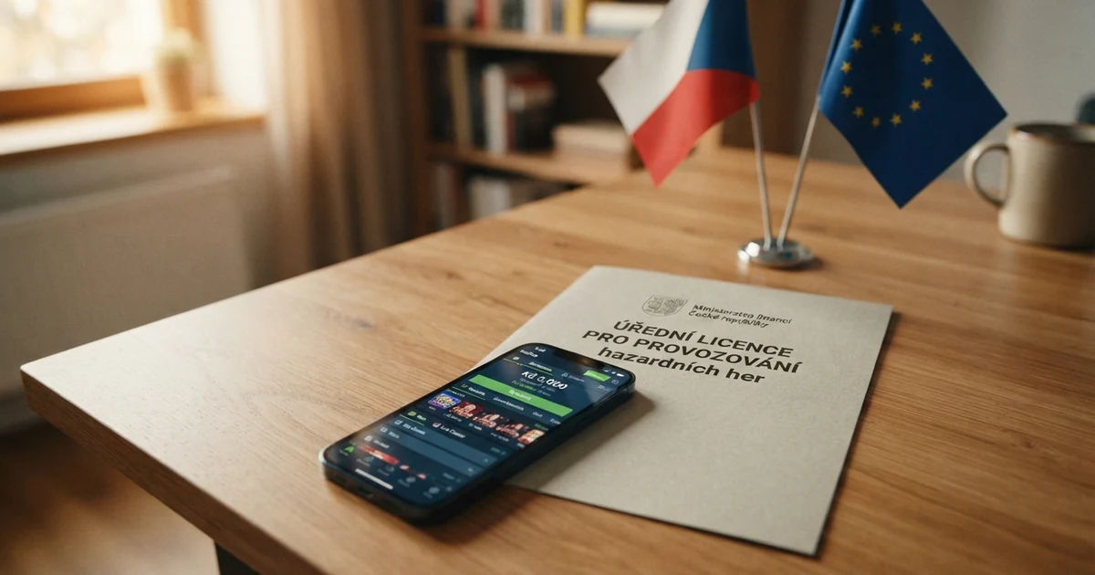 Rozcestník s vlajkami ČR a EU a symboly licence — dokument, pečeť, otazník — na neutrálním pozadí