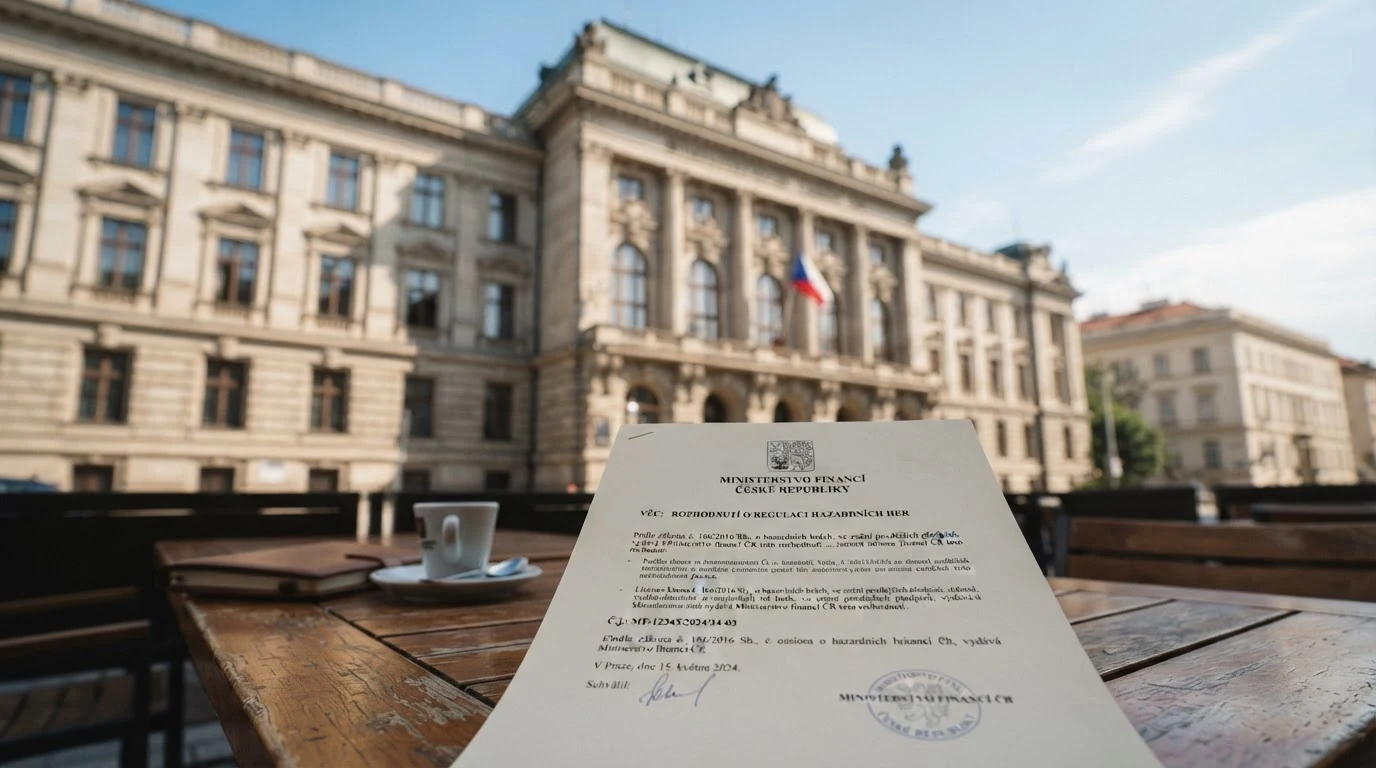 Budova Ministerstva financí ČR nebo úřední dokument s razítkem — symbol státního dohledu nad hazardním trhem