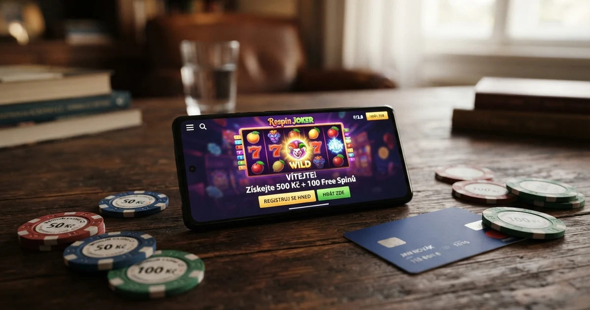 Koláž online casina — mobilní telefon s uvítací nabídkou, žetony a karta na stole