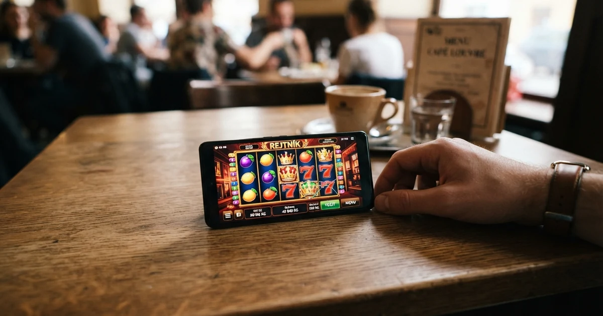Mobilní telefon zobrazující casino hru a potvrzovací SMS zprávu s částkou vkladu