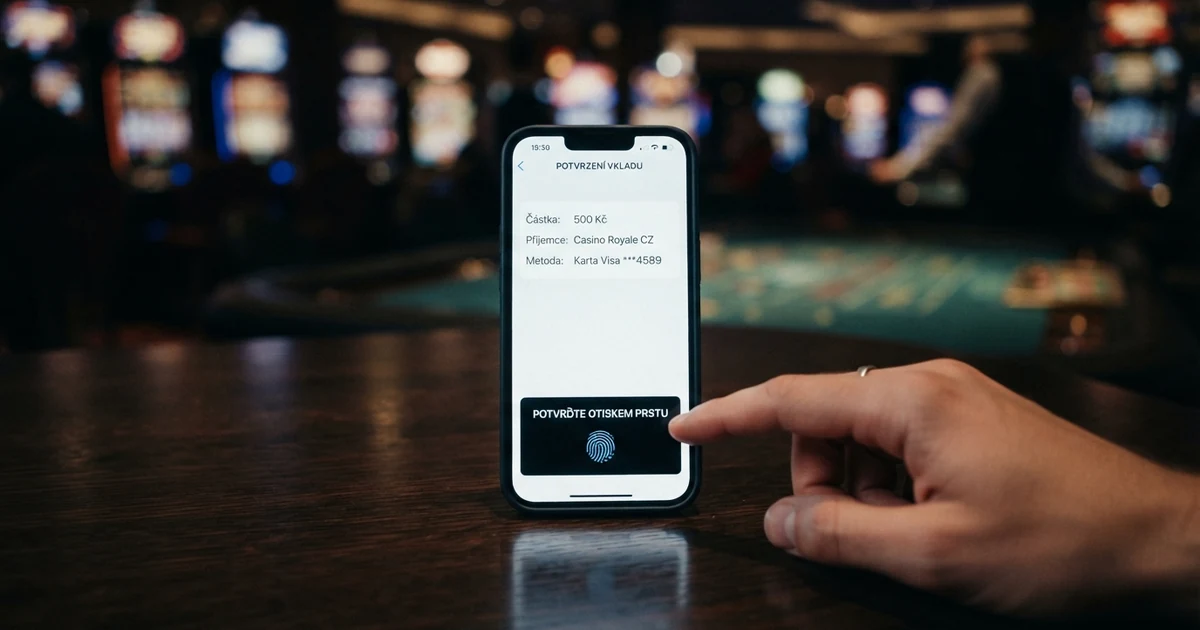 Telefon s otevřenou aplikací Google Pay, platební kartou a tlačítkem potvrzení vkladu do online kasina