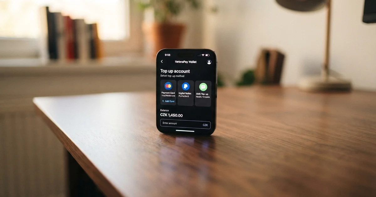 Mobilní telefon s otevřenou aplikací NeteraPay peněženky, na displeji je vidět obrazovka dobití — platební karta, Google Pay a SMS volba. V pozadí logo NeteraPay na fialovém gradientu.