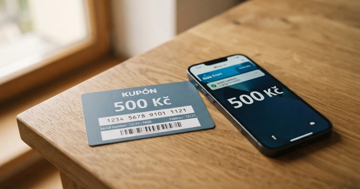 Předplacený PaysafeCard kupón s 16místným PIN kódem vedle mobilního telefonu s otevřenou pokladnou online kasina