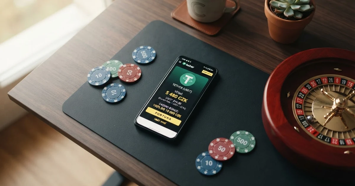 Mince Tether USDT na digitálním pozadí s prvky online kasina — ruleta, karty a kurzovní graf stablecoinu