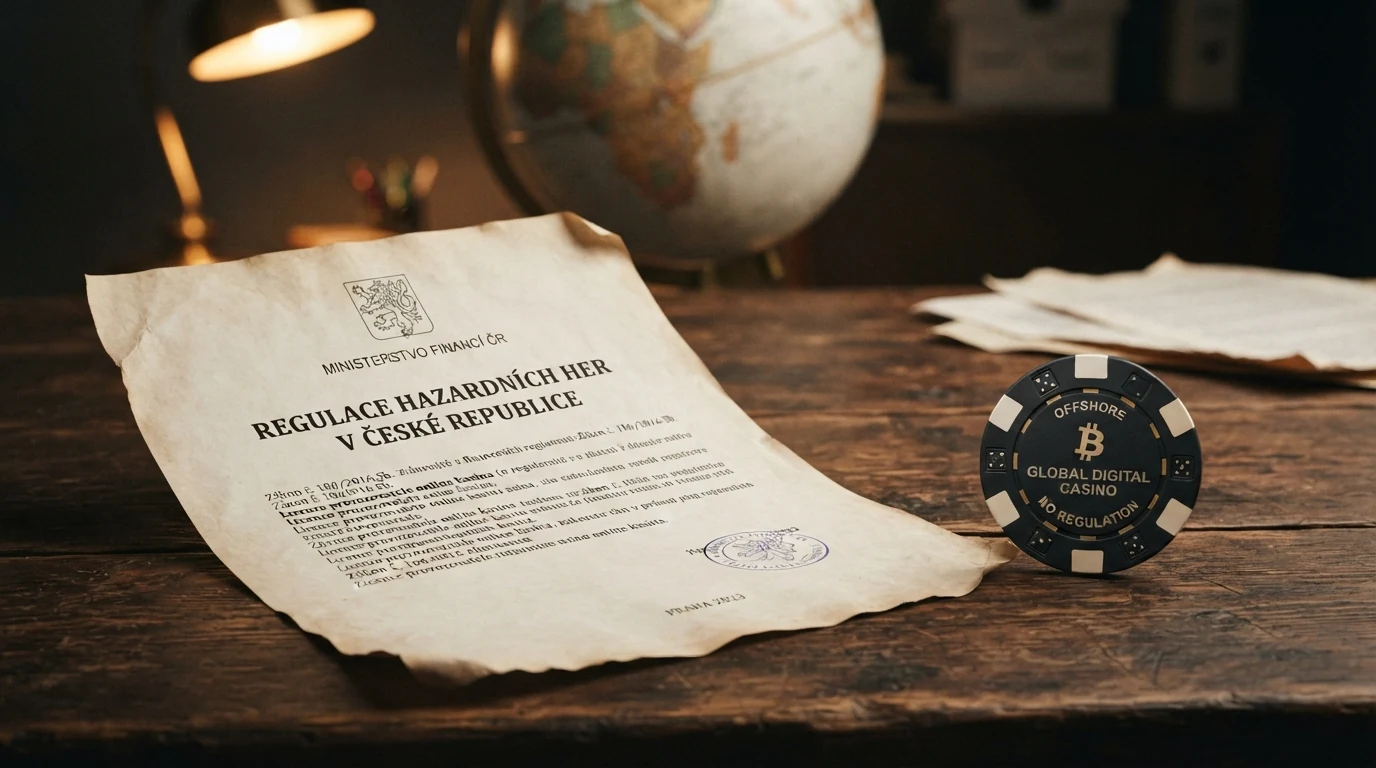 Úřední dokument s razítkem MF ČR vedle bitcoinové mince položené na mapě světa — kontrast mezi českou regulací a globální realitou kryptoměn