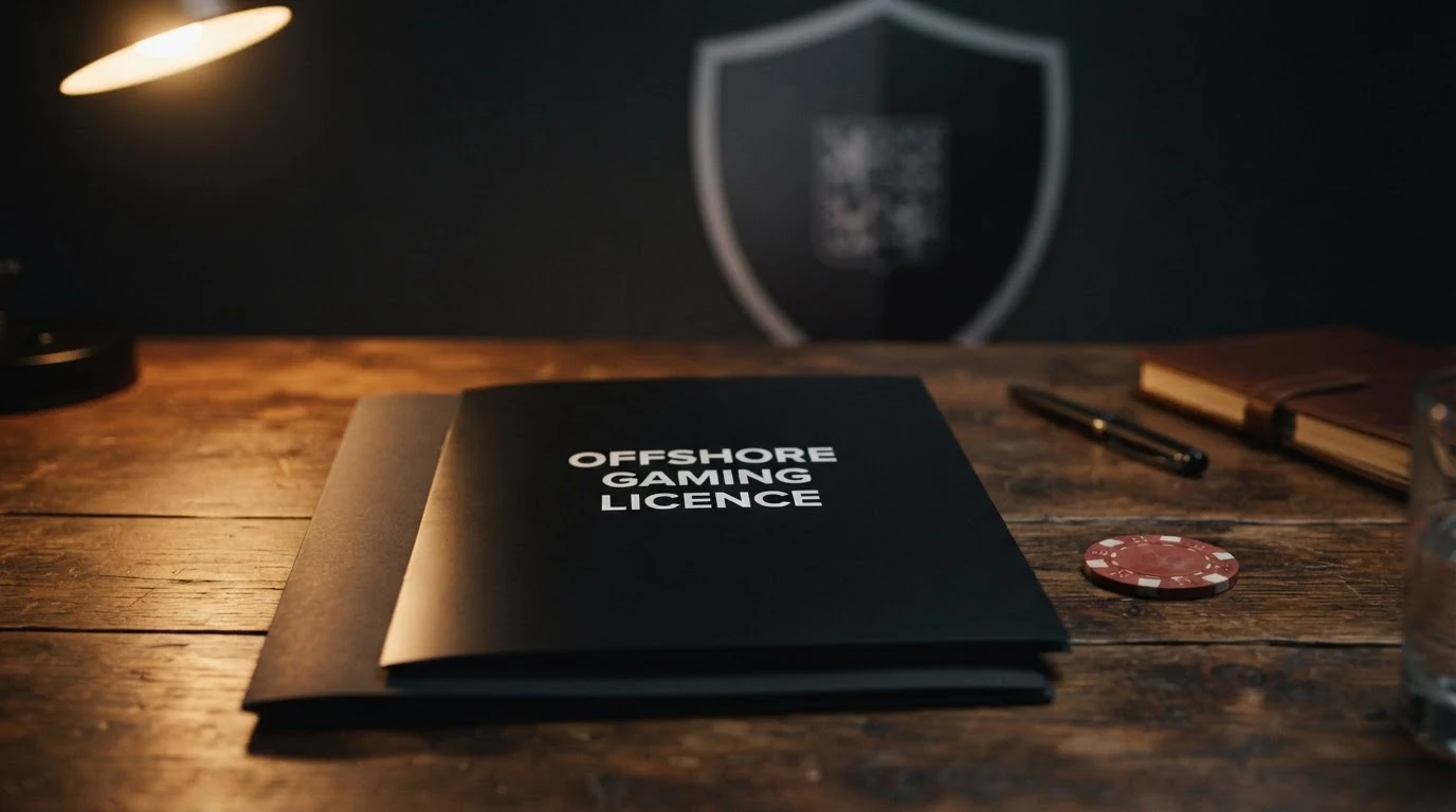 Varovná ilustrace — dokument s razítkem offshore licence (Curaçao, PAGCOR) vedle symbolu chybějící české ochrany (přeškrtnutý štít s vlajkou ČR)