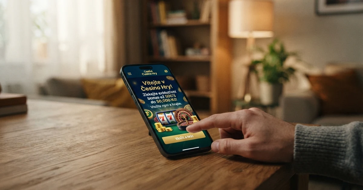 Hráč u obrazovky s mobilem — na displeji uvítací obrazovka online casina s nabídkou vstupního bonusu v korunách.