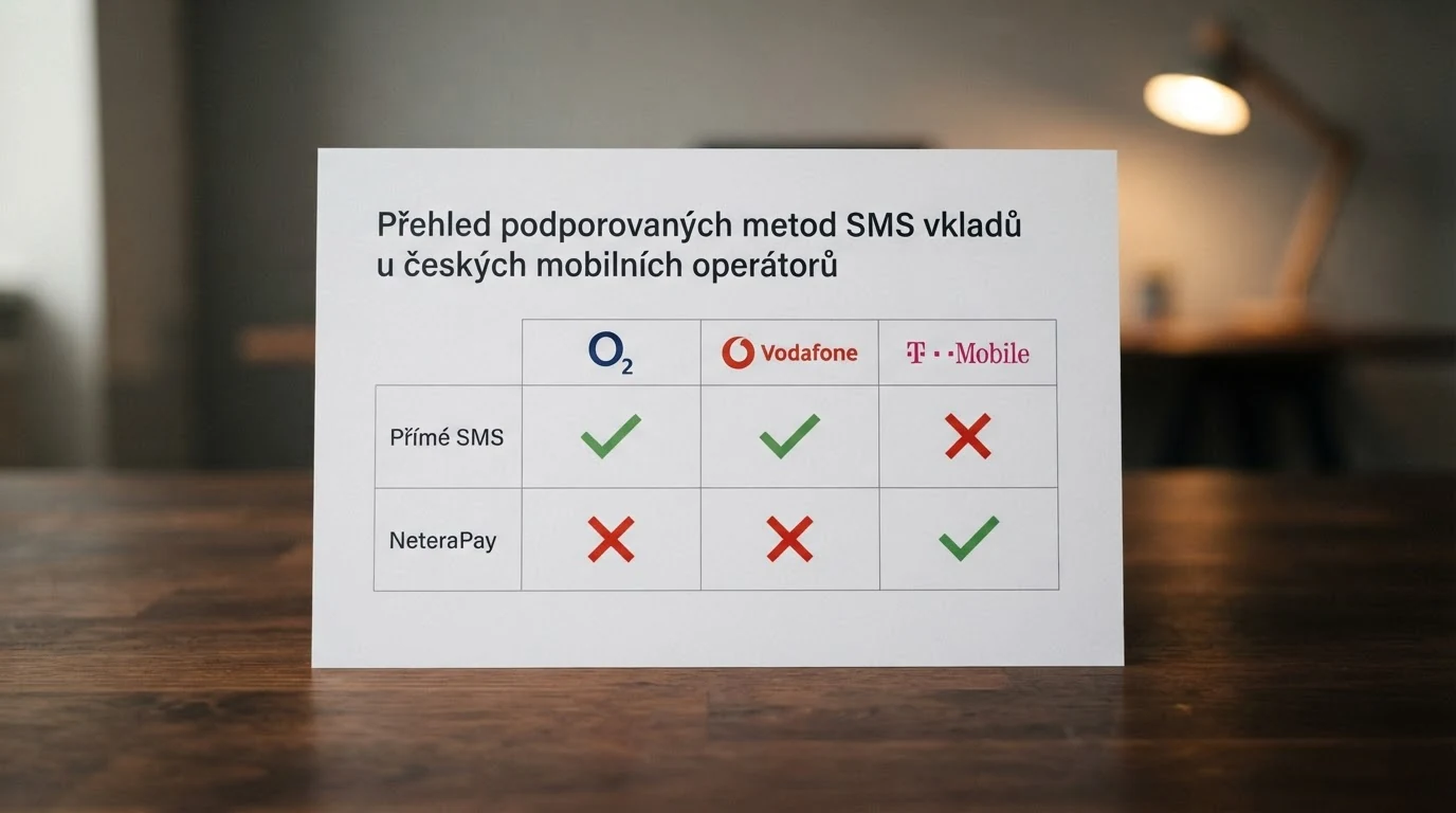 Tabulka se třemi sloupci operátorů (O2, Vodafone, T-Mobile) a symboly dostupnosti přímé SMS a NeteraPay napříč operátory