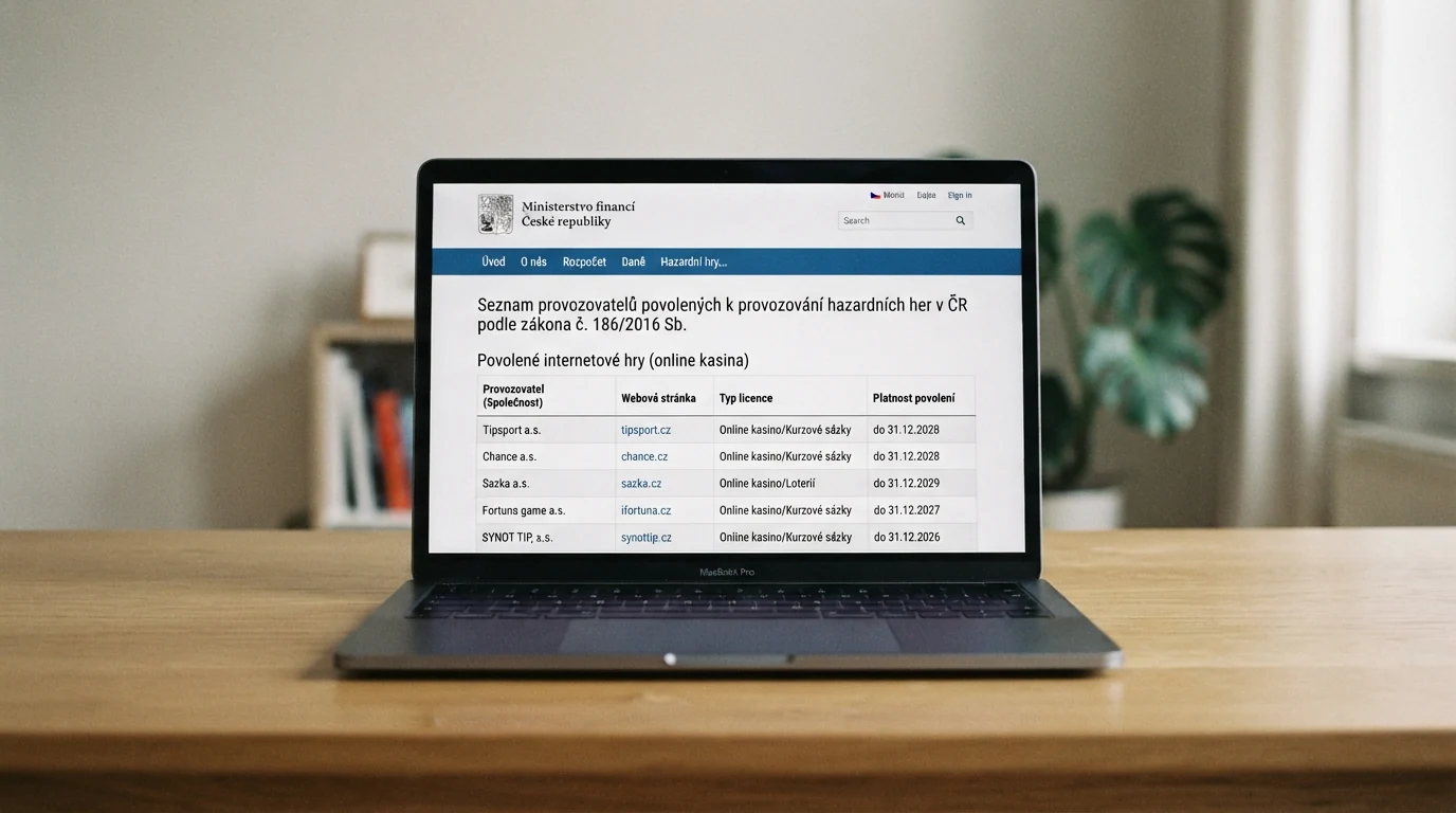 Výřez z webu Ministerstva financí ČR s přehledem držitelů licence k provozování hazardních her