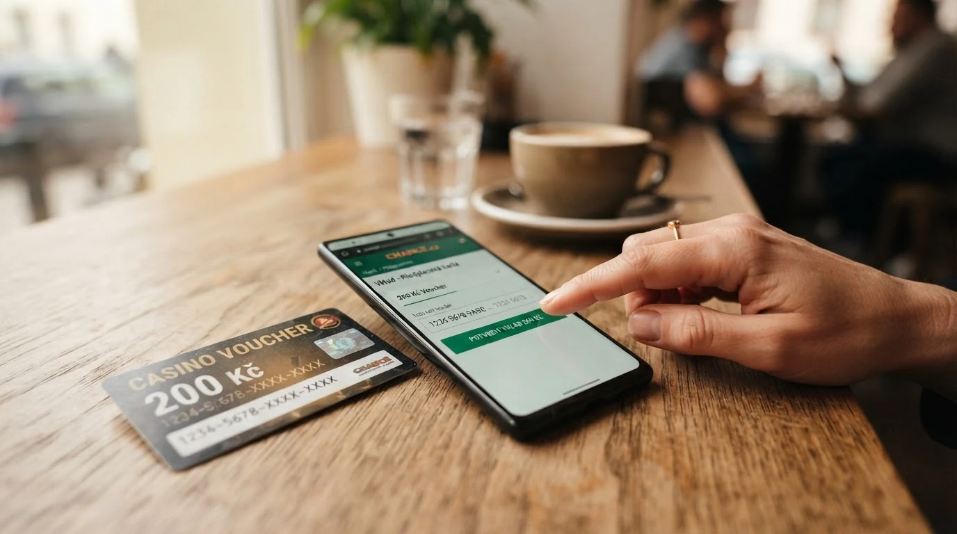 Paysafecard kupon v hodnotě 200 Kč vedle mobilního telefonu s otevřenou stránkou kasina