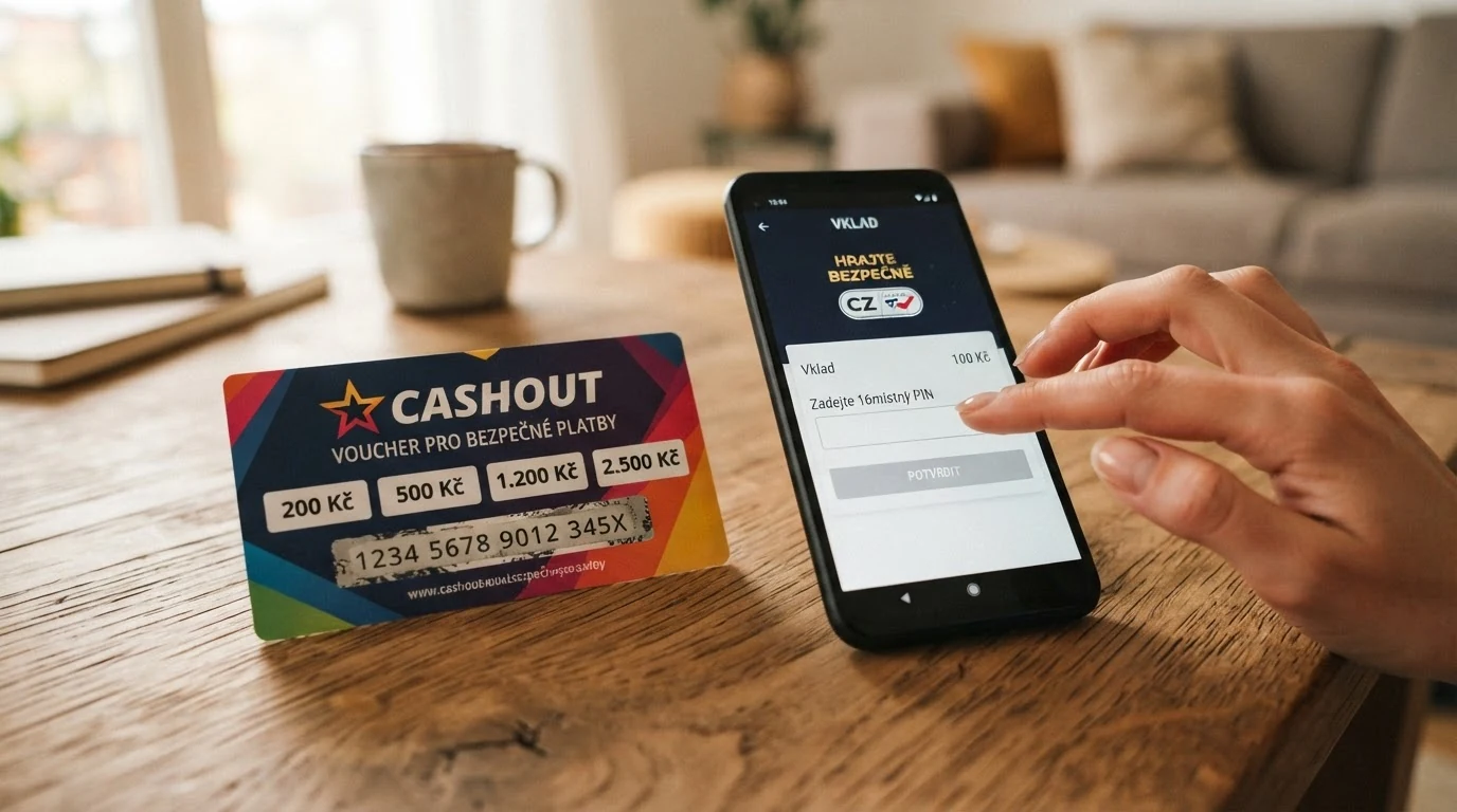 Paysafecard kupon s vyznačenými nominálními hodnotami 200 až 2 500 Kč vedle obrazovky s pokladnou kasina