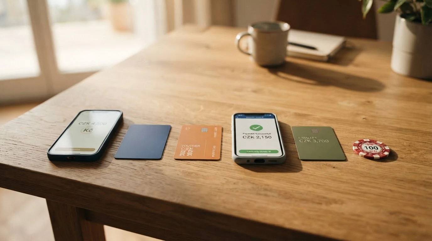 Přehled platebních metod pro vklad do online casina — platební karta, Paysafecard, mobilní platba, PayPal a bankovní převod vedle sebe