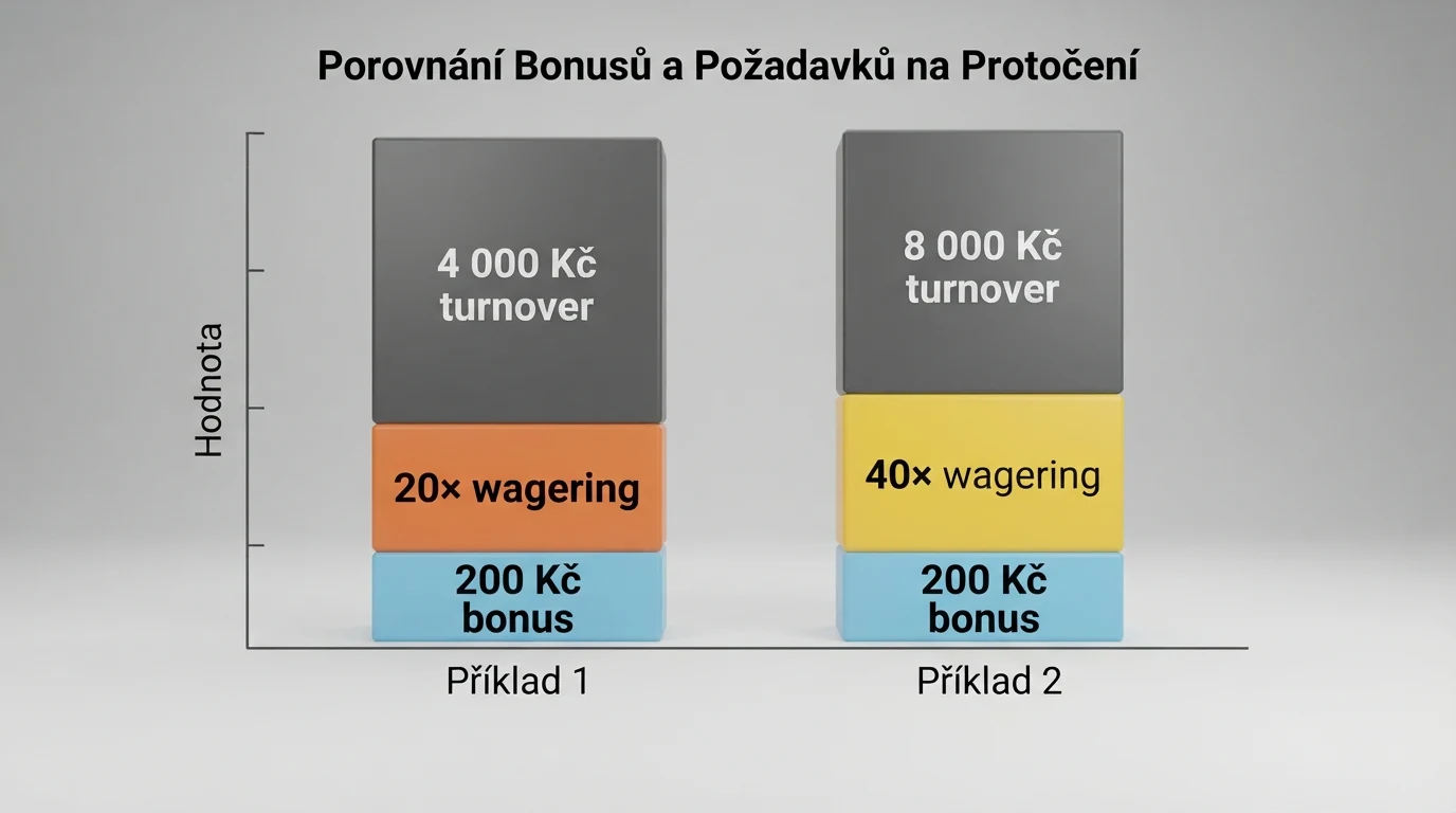 Tabulka nebo schéma zobrazující vztah mezi výší bonusu, násobkem protočení a celkovým obratem, který musí hráč prosázet před výběrem