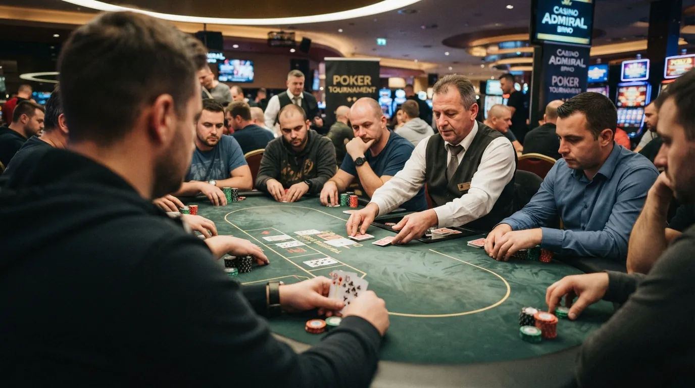 Pohled na pokerový stůl během turnaje — hráči u stolu, žetony, karty v ruce krupiéra, turnajové nasvícení