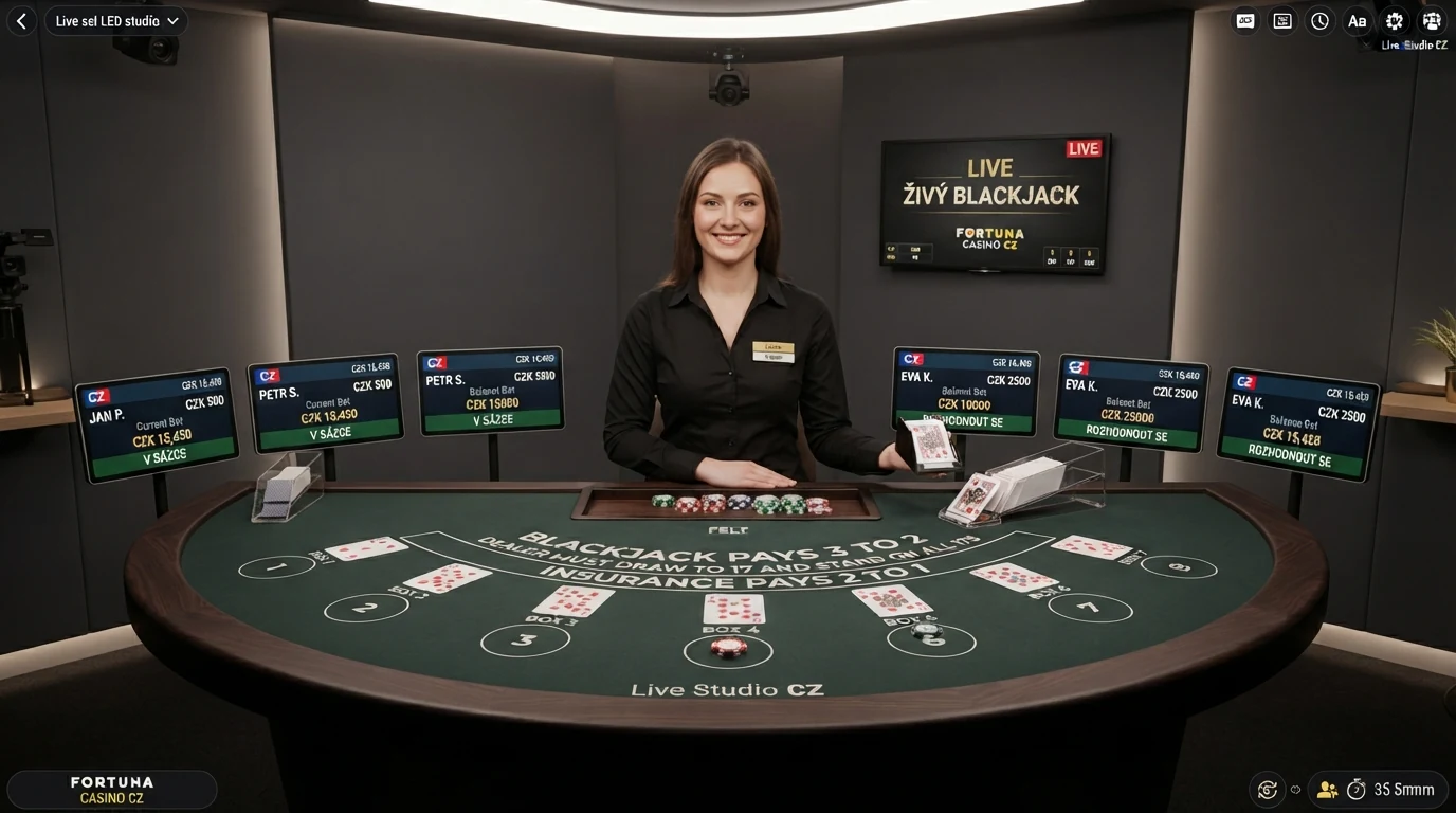 Rozhraní live blackjacku s živým krupiérem, sedmi hráčskými místy a zobrazením sázek na obrazovce — záběr z českého live studia.