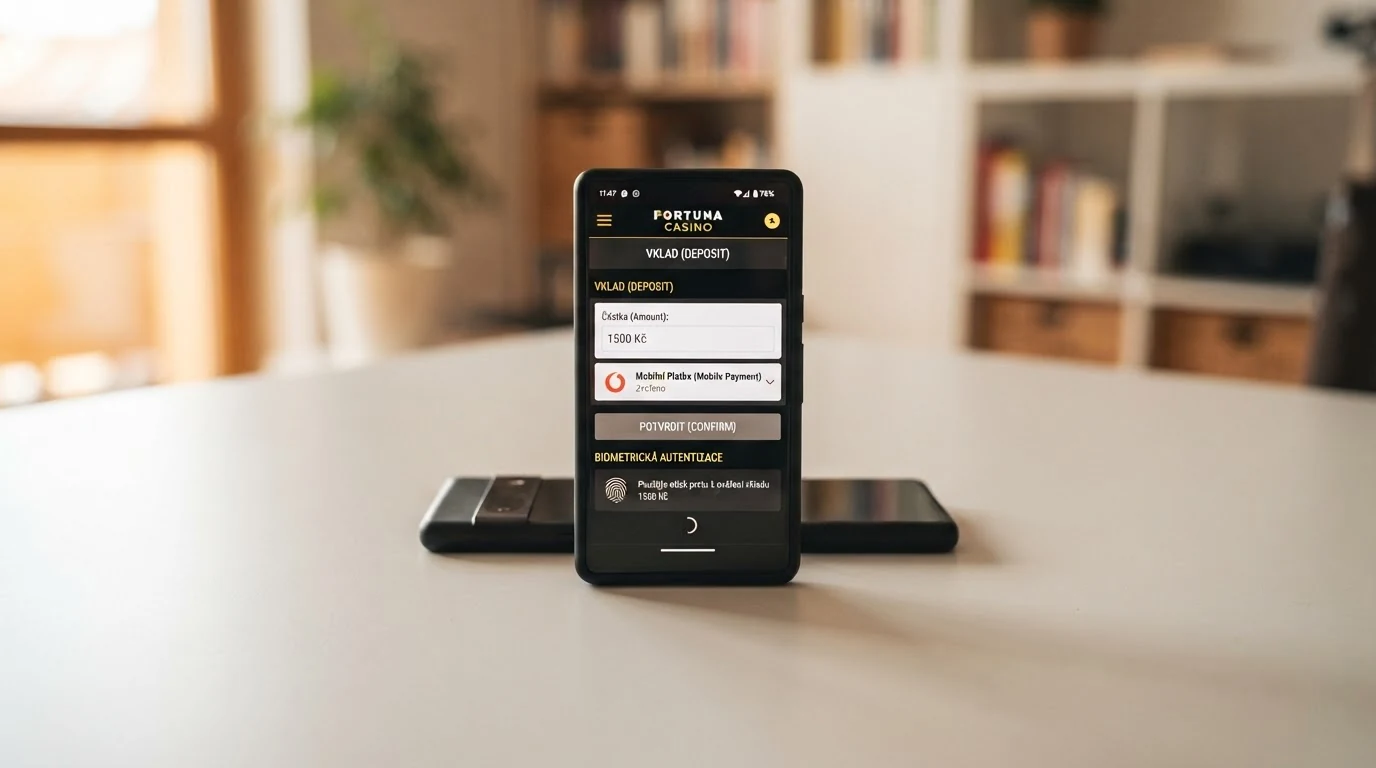 Rozhraní kasina s volbou Google Pay, částkou vkladu a biometrickým potvrzením na displeji telefonu