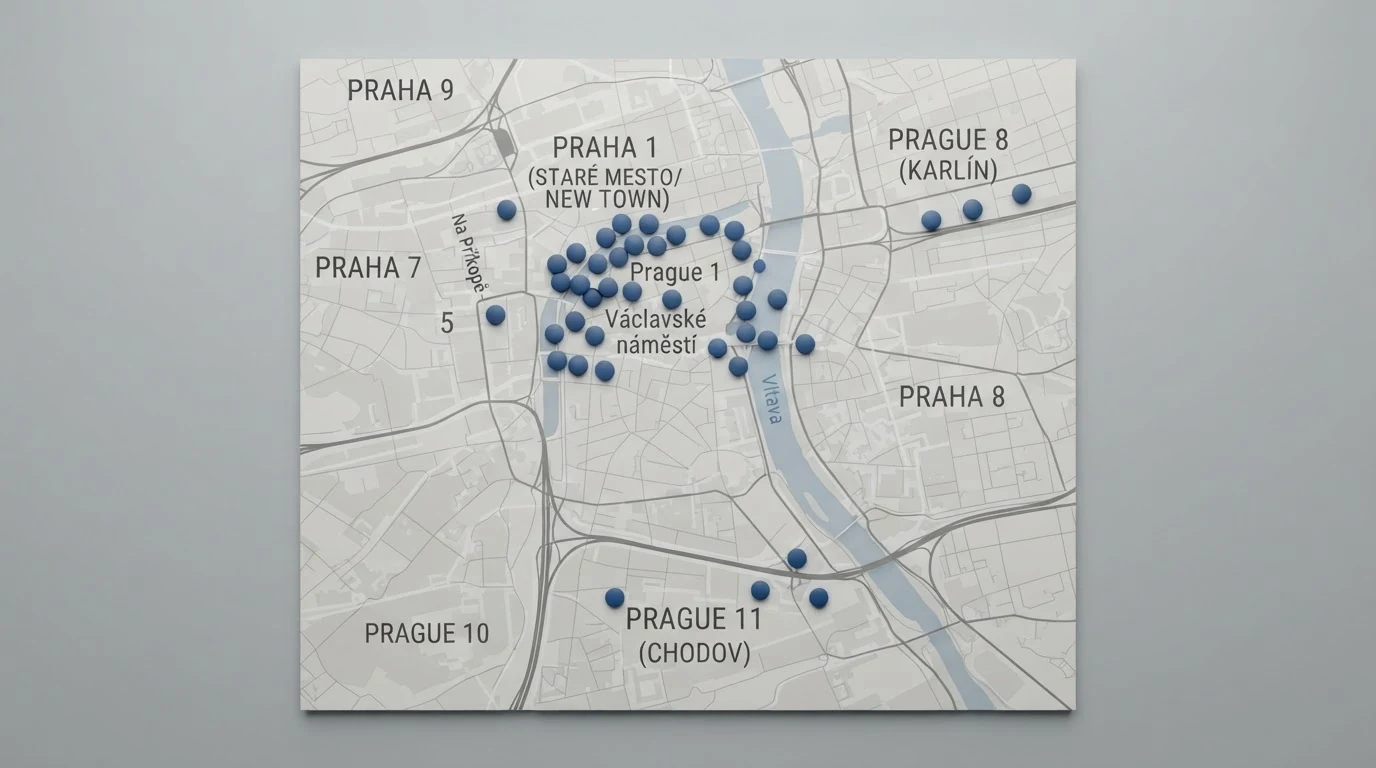 Mapa Prahy s vyznačenými městskými částmi, kde se nacházejí licencovaná kasina