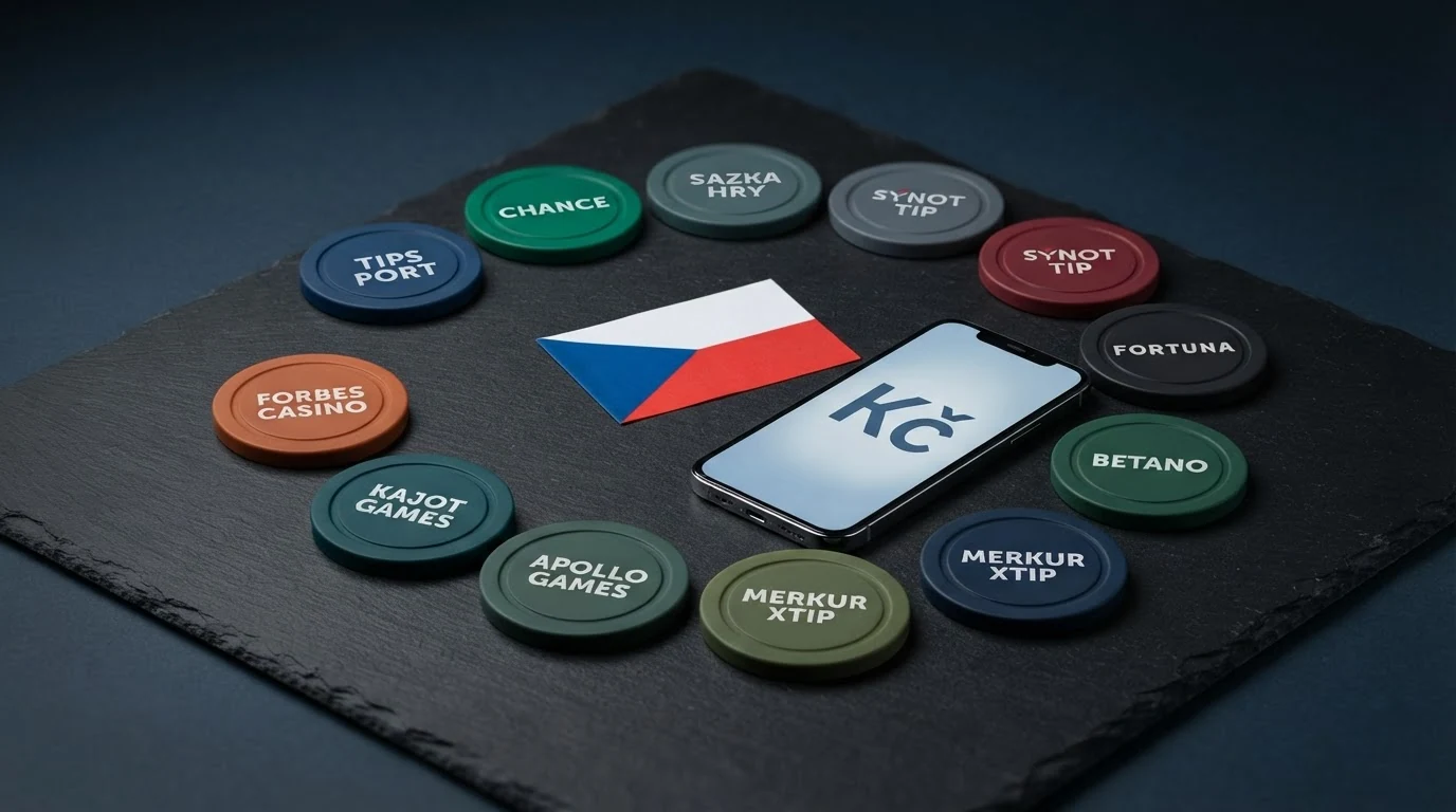 Koláž log deseti recenzovaných online casin s ikonou m-platby a českou vlajkou