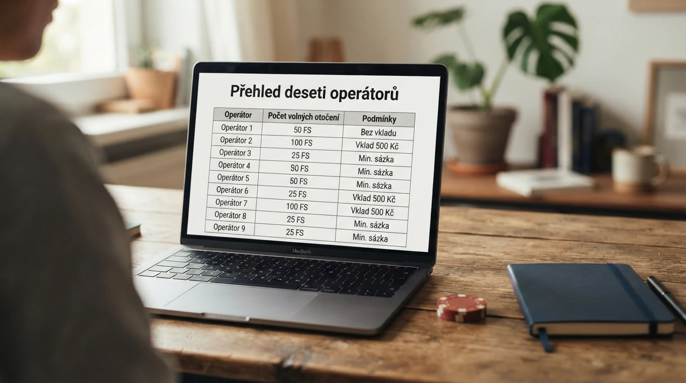 Srovnávací tabulka deseti online casin s přehledem bonusů bez vkladu, počtem volných otočení a podmínkami