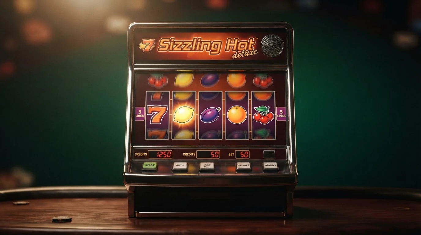 Pětiválcový ovocný automat Sizzling Hot deluxe s třešněmi, citrony a sedmičkami na válcích