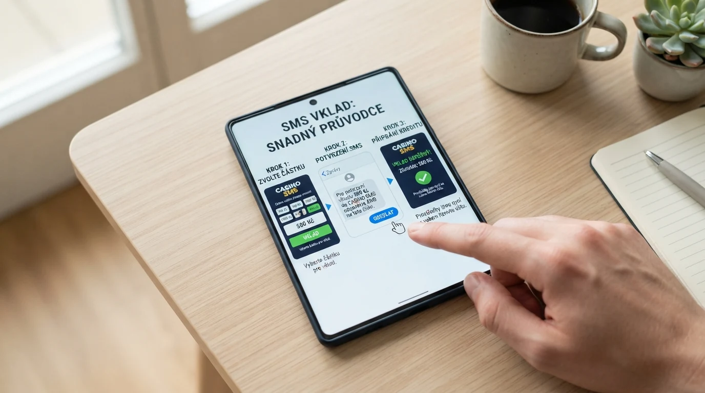 Infografika tří kroků SMS vkladu: výběr částky v casinu, odeslání potvrzovací SMS, připsání kreditu na herní konto